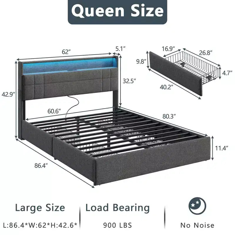 Cadre de Lit Queen Moderne avec Station de Recharge Lumières LED 4 Tiroirs de Rangement Tête de Lit Rembourrée Grise Lattes Métalliques Pas de Sommier Tapissier Requis