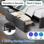 Cadre de Lit Queen Moderne avec Station de Recharge Lumières LED 4 Tiroirs de Rangement Tête de Lit Rembourrée Grise Lattes Métalliques Pas de Sommier Tapissier Requis
