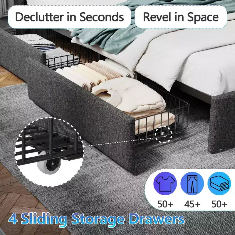 Cadre de Lit Queen Moderne avec Station de Recharge Lumières LED 4 Tiroirs de Rangement Tête de Lit Rembourrée Grise Lattes Métalliques Pas de Sommier Tapissier Requis