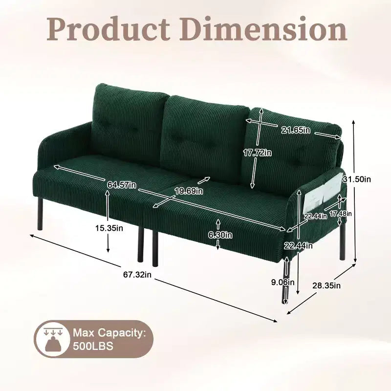 Causeuse moderne surdimensionnée, Canapé 2 places en velours côtelé avec pieds en métal et poches latérales pour salon, chambre, dortoir ou appartement - Panipeachy