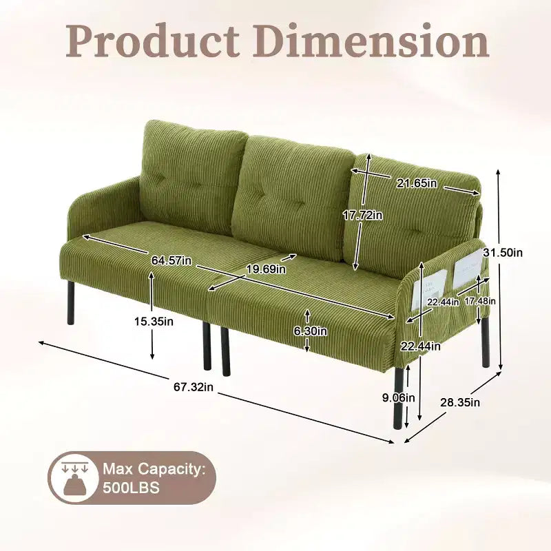Causeuse moderne surdimensionnée, Canapé 2 places en velours côtelé avec pieds en métal et poches latérales pour salon, chambre, dortoir ou appartement - Panipeachy