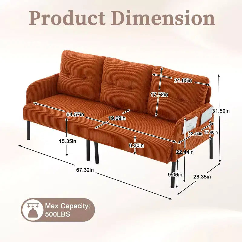 Causeuse moderne surdimensionnée, Canapé 2 places en velours côtelé avec pieds en métal et poches latérales pour salon, chambre, dortoir ou appartement - Panipeachy