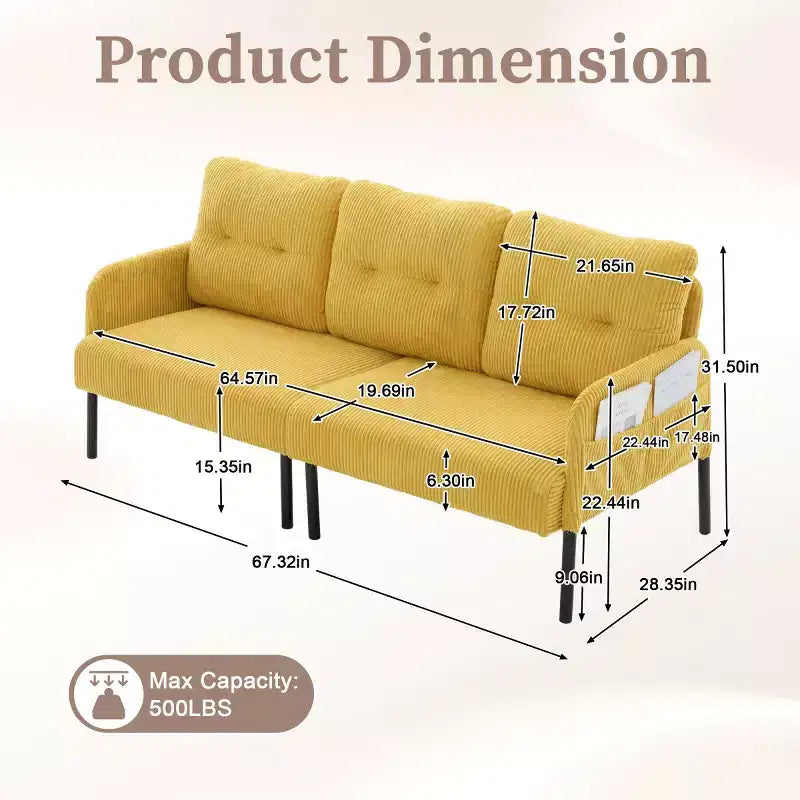 Causeuse moderne surdimensionnée, Canapé 2 places en velours côtelé avec pieds en métal et poches latérales pour salon, chambre, dortoir ou appartement - Panipeachy