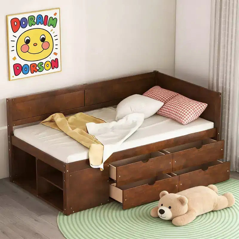 Lit de repos double en bois Luxystar avec 4 tiroirs et étagères