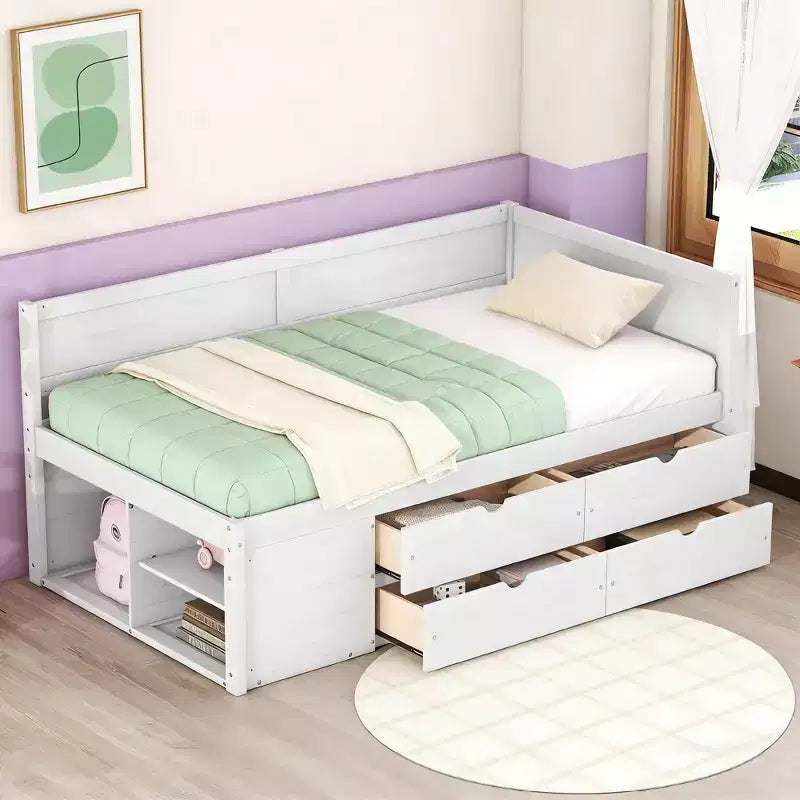 Lit de repos double en bois Luxystar avec 4 tiroirs et étagères