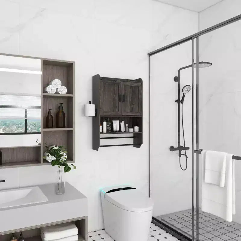 Meuble Mural de Salle de Bain sumyeg avec Portes, Étagère Réglable, Porte-Serviettes et Porte-Papier