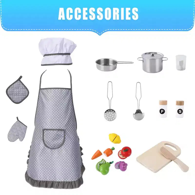 Cuisine Enfant en Bois, Dinette en Bois avec 20 Accessoires de Cuisine, Set de Cuisine en Bois Gris