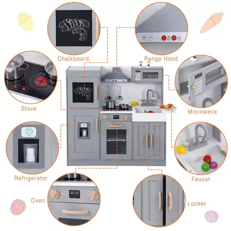 Cuisine Enfant en Bois, Dinette en Bois avec 20 Accessoires de Cuisine, Set de Cuisine en Bois Gris