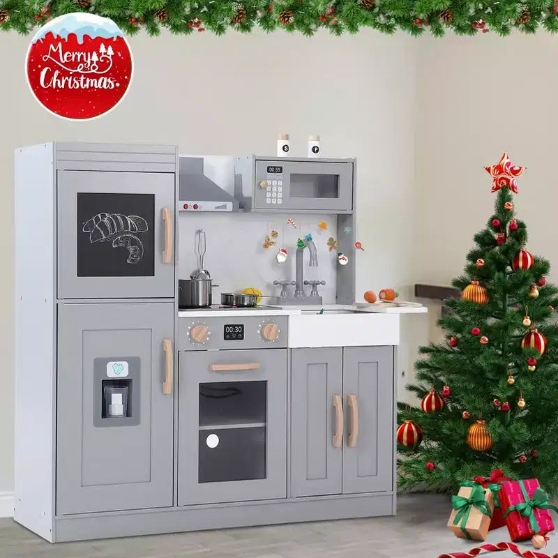 Cuisine Enfant en Bois, Dinette en Bois avec 20 Accessoires de Cuisine, Set de Cuisine en Bois Gris