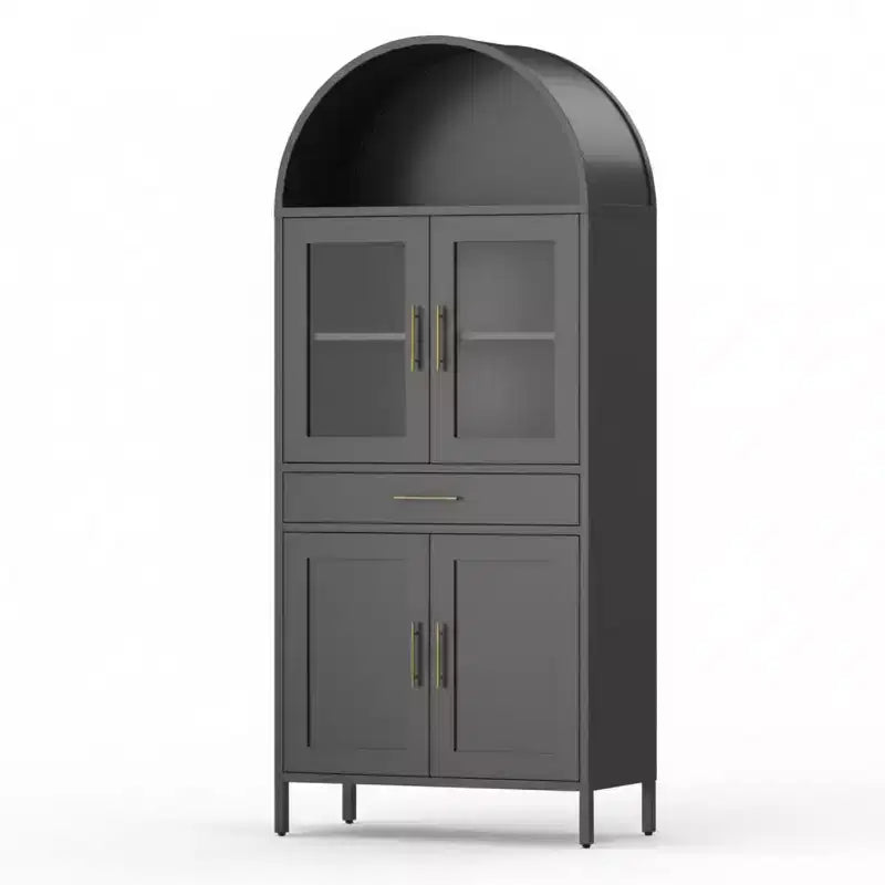 GustoWave Black Arched Cabinet with Glass Doors - Metal Pantry Storage with Drawer & Adjustable Shelves