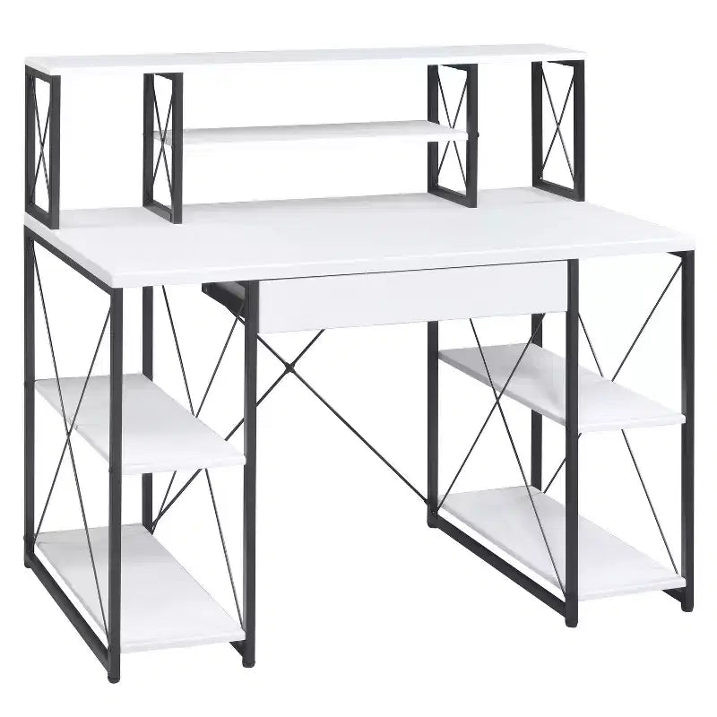 TUYOHW Bureau d'ordinateur de bureau avec rangement, tiroir, 8 compartiments, piètement luge en métal, plateau en bois, bureau d'écriture pour bureau à domicile