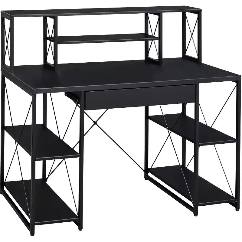 TUYOHW Bureau d'ordinateur de bureau avec rangement, tiroir, 8 compartiments, piètement luge en métal, plateau en bois, bureau d'écriture pour bureau à domicile