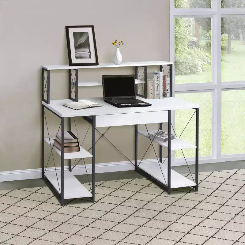 TUYOHW Bureau d'ordinateur de bureau avec rangement, tiroir, 8 compartiments, piètement luge en métal, plateau en bois, bureau d'écriture pour bureau à domicile
