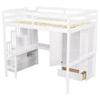 Lit mezzanine pleine grandeur en bois Whisen avec bureau, étagères de rangement, tiroir, escalier intégré et armoire