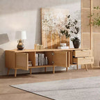 Meuble TV 178 cm, console média moderne avec portes en rotin, convient aux téléviseurs jusqu'à 80 pouces, rangement, 2 tiroirs, trous passe-câbles, meuble TV de salon