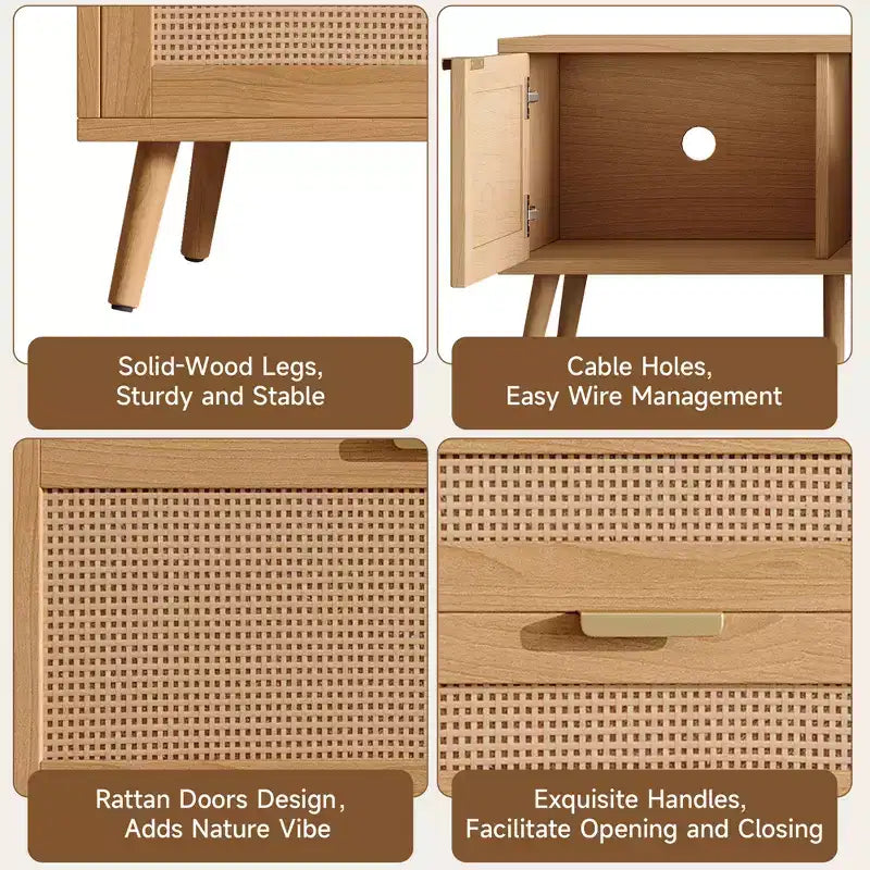 Meuble TV 178 cm, console média moderne avec portes en rotin, convient aux téléviseurs jusqu'à 80 pouces, rangement, 2 tiroirs, trous passe-câbles, meuble TV de salon