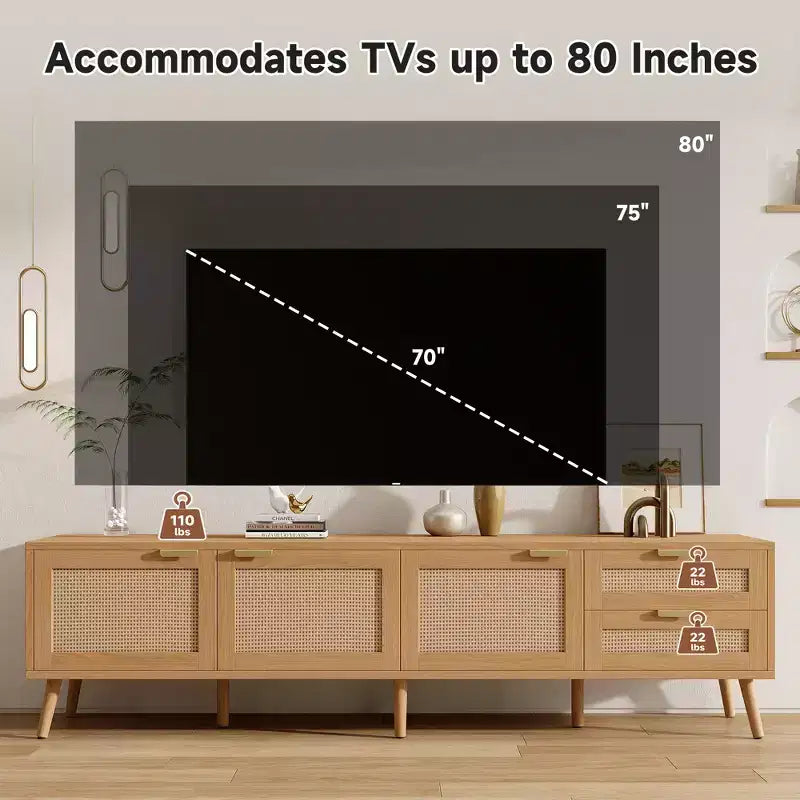 Meuble TV 178 cm, console média moderne avec portes en rotin, convient aux téléviseurs jusqu'à 80 pouces, rangement, 2 tiroirs, trous passe-câbles, meuble TV de salon