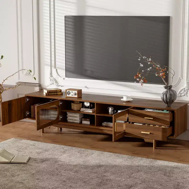Meuble TV 198 cm, compatible avec les téléviseurs jusqu'à 85 pouces, console moderne avec portes en verre encastrées, 2 tiroirs, gestion des câbles, pieds en bois, pour salon