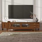 Meuble TV 198 cm, compatible avec les téléviseurs jusqu'à 85 pouces, console moderne avec portes en verre encastrées, 2 tiroirs, gestion des câbles, pieds en bois, pour salon