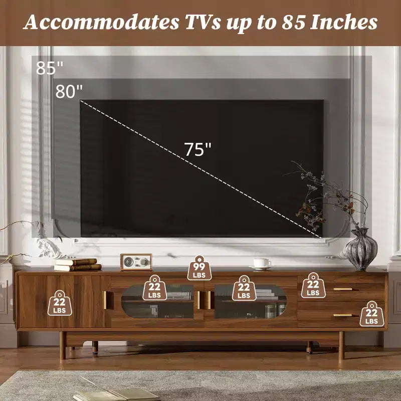 Meuble TV 198 cm, compatible avec les téléviseurs jusqu'à 85 pouces, console moderne avec portes en verre encastrées, 2 tiroirs, gestion des câbles, pieds en bois, pour salon