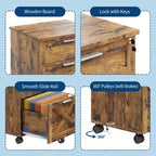Acekool Caisson de bureau mobile 3 tiroirs avec serrure, meuble de classement sous bureau, organisateur de rangement en bois