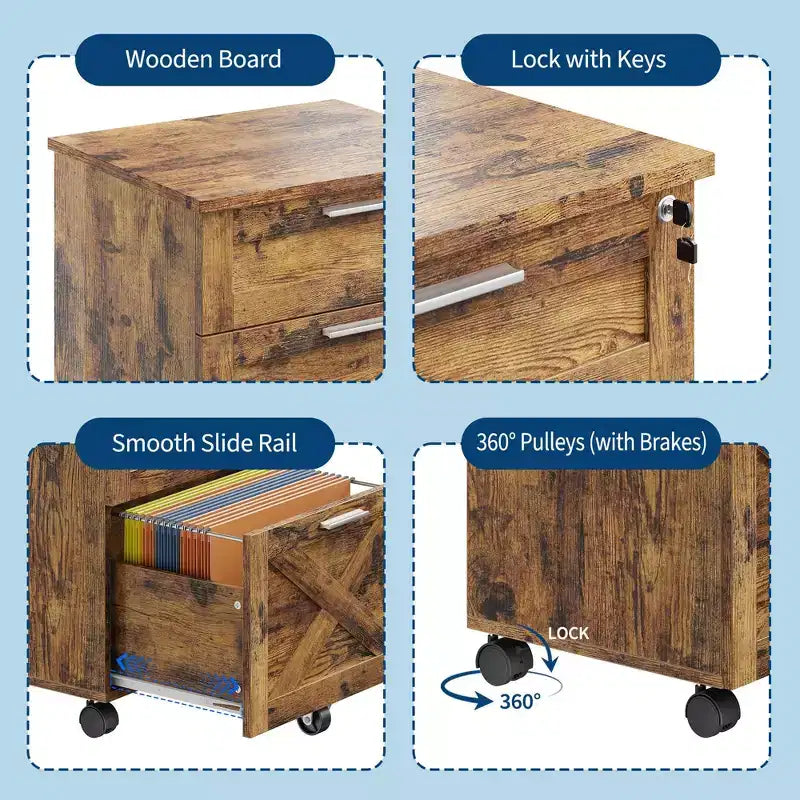 Acekool Caisson de bureau mobile 3 tiroirs avec serrure, meuble de classement sous bureau, organisateur de rangement en bois