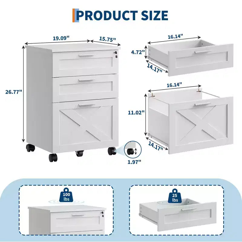 Acekool Caisson de bureau mobile 3 tiroirs avec serrure, meuble de classement sous bureau, organisateur de rangement en bois