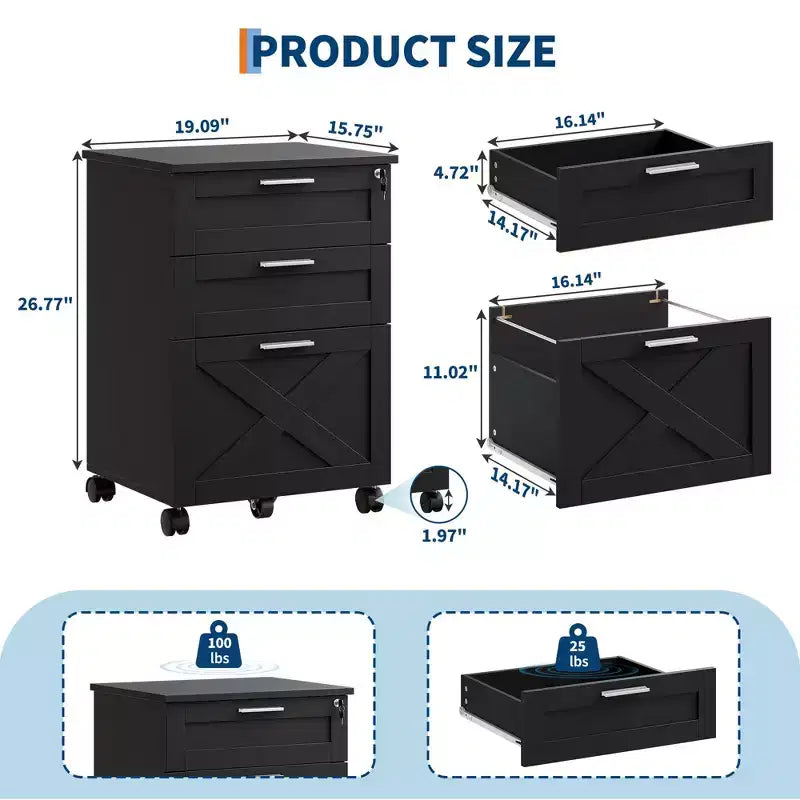 Acekool Caisson de bureau mobile 3 tiroirs avec serrure, meuble de classement sous bureau, organisateur de rangement en bois