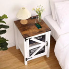 Ensemble de 2 tables de chevet de ferme, tables d'appoint de 45 cm avec portes de grange et rangement, tables d'appoint rustiques en bois pour chambre ou salon, blanc et marron