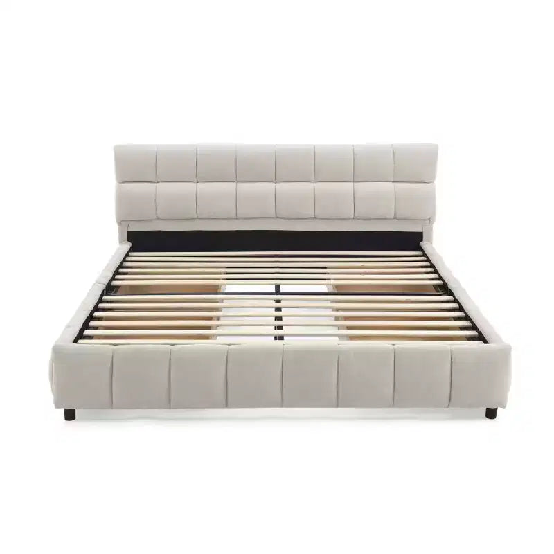 Lit capitonné Queen Size MAYEERTY avec tête de lit en tissu chenille, cadre de lit solide, tiroir de rangement pour chambre à coucher, beige