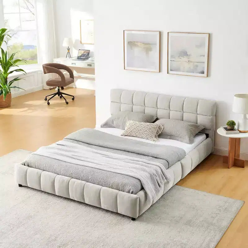 Lit capitonné Queen Size MAYEERTY avec tête de lit en tissu chenille, cadre de lit solide, tiroir de rangement pour chambre à coucher, beige