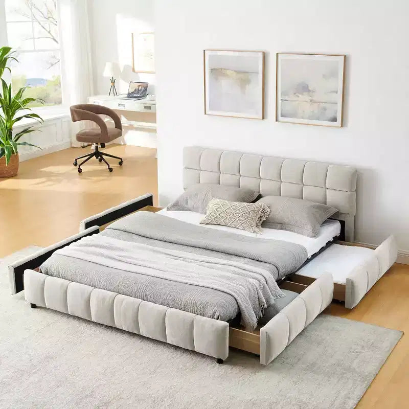 Lit capitonné Queen Size MAYEERTY avec tête de lit en tissu chenille, cadre de lit solide, tiroir de rangement pour chambre à coucher, beige