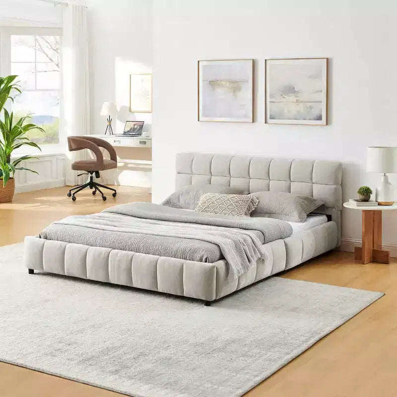 Lit capitonné Queen Size MAYEERTY avec tête de lit en tissu chenille, cadre de lit solide, tiroir de rangement pour chambre à coucher, beige