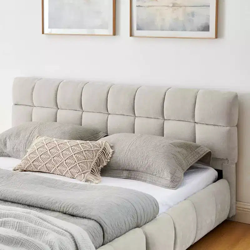 Lit capitonné Queen Size MAYEERTY avec tête de lit en tissu chenille, cadre de lit solide, tiroir de rangement pour chambre à coucher, beige