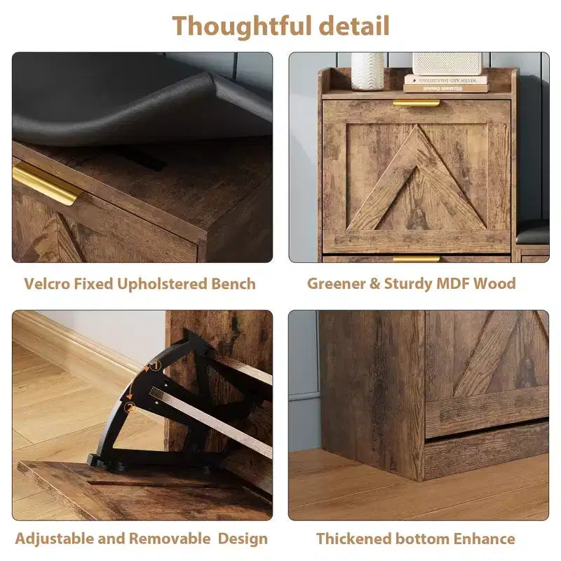 Meuble à chaussures de ferme avec banc et 4 tiroirs basculants, Armoire à chaussures avec banc et coussin confortable, Organisateur de chaussures d'entrée avec rangement