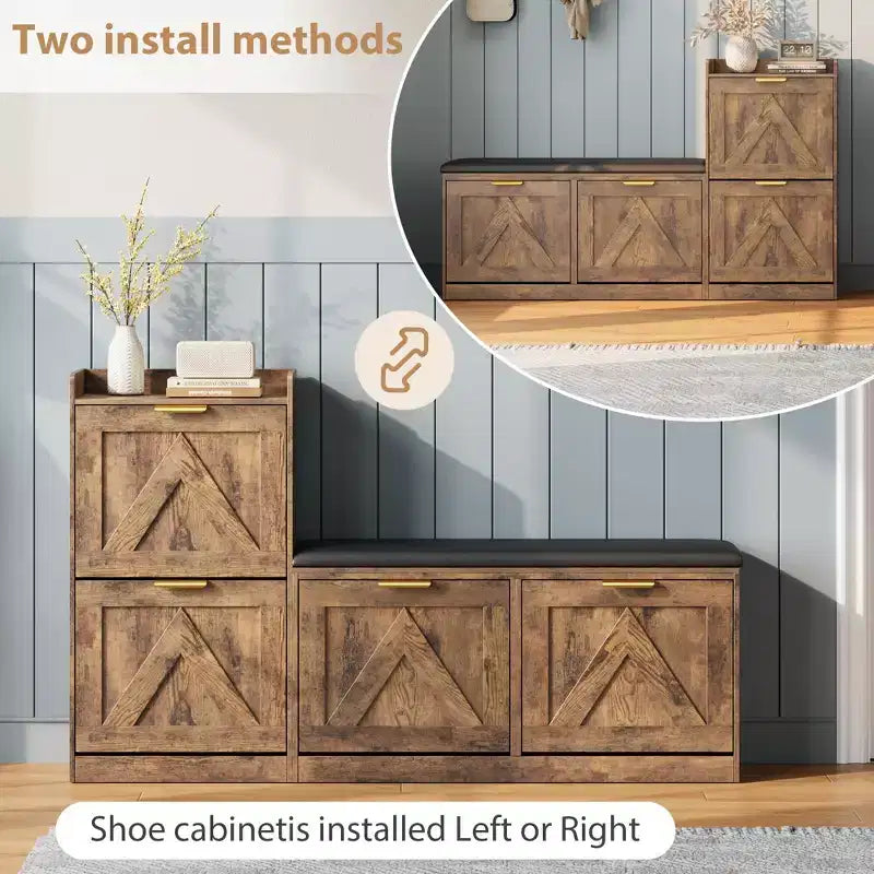 Meuble à chaussures de ferme avec banc et 4 tiroirs basculants, Armoire à chaussures avec banc et coussin confortable, Organisateur de chaussures d'entrée avec rangement