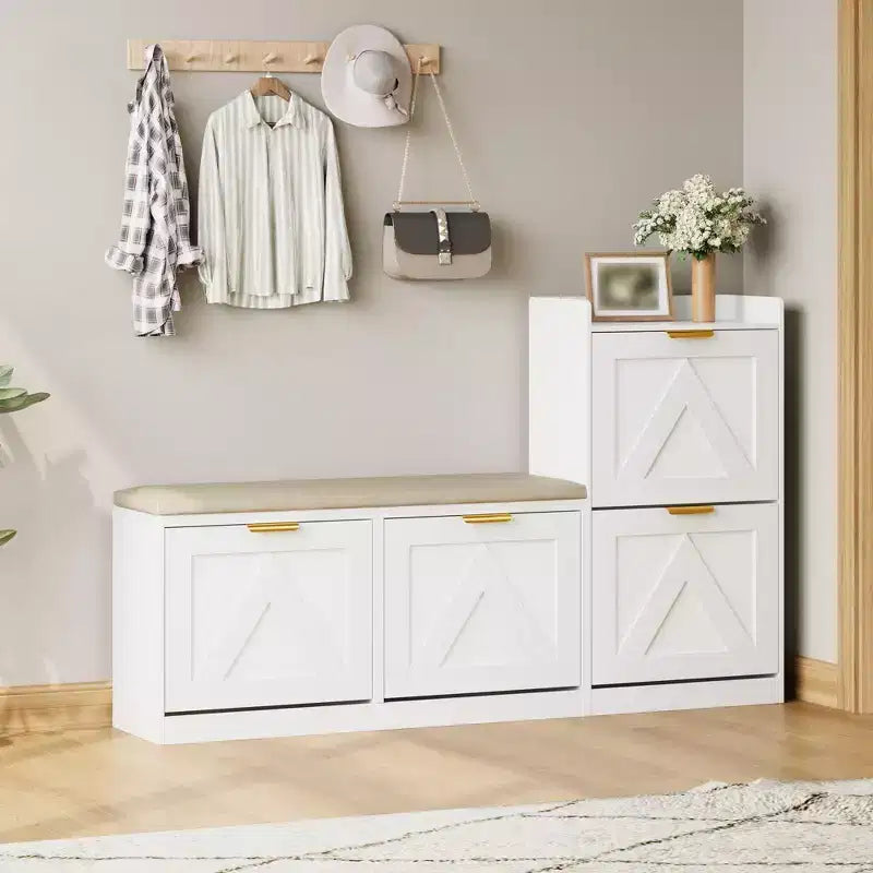 Meuble à chaussures de ferme avec banc et 4 tiroirs basculants, Armoire à chaussures avec banc et coussin confortable, Organisateur de chaussures d'entrée avec rangement