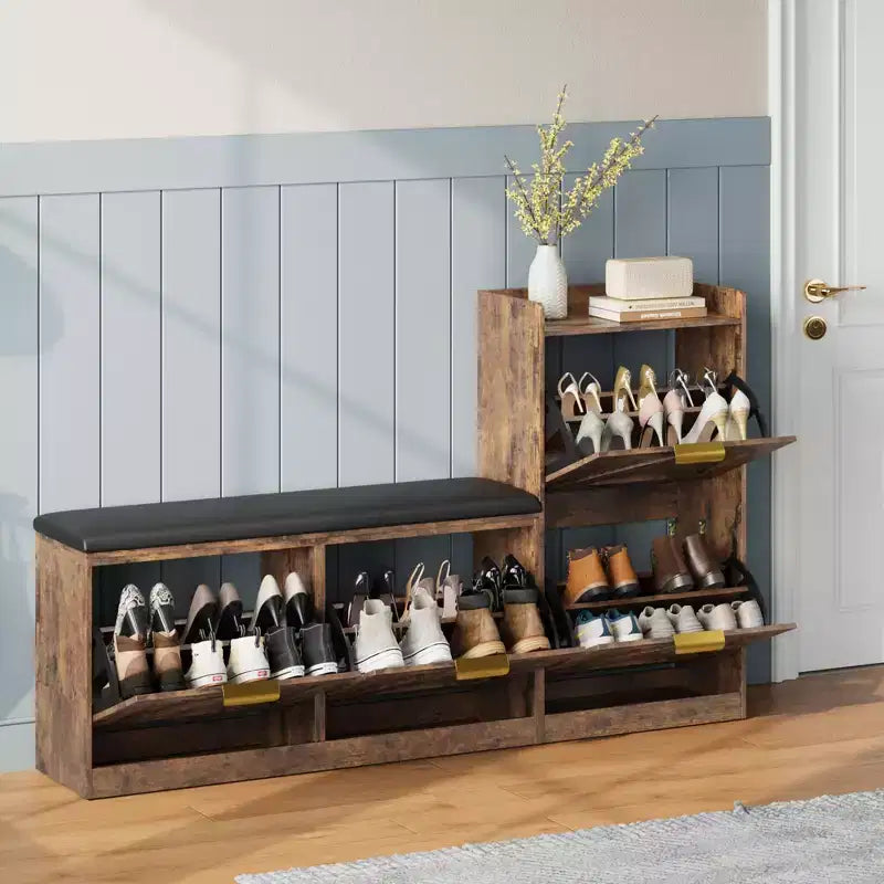 Meuble à chaussures de ferme avec banc et 4 tiroirs basculants, Armoire à chaussures avec banc et coussin confortable, Organisateur de chaussures d'entrée avec rangement
