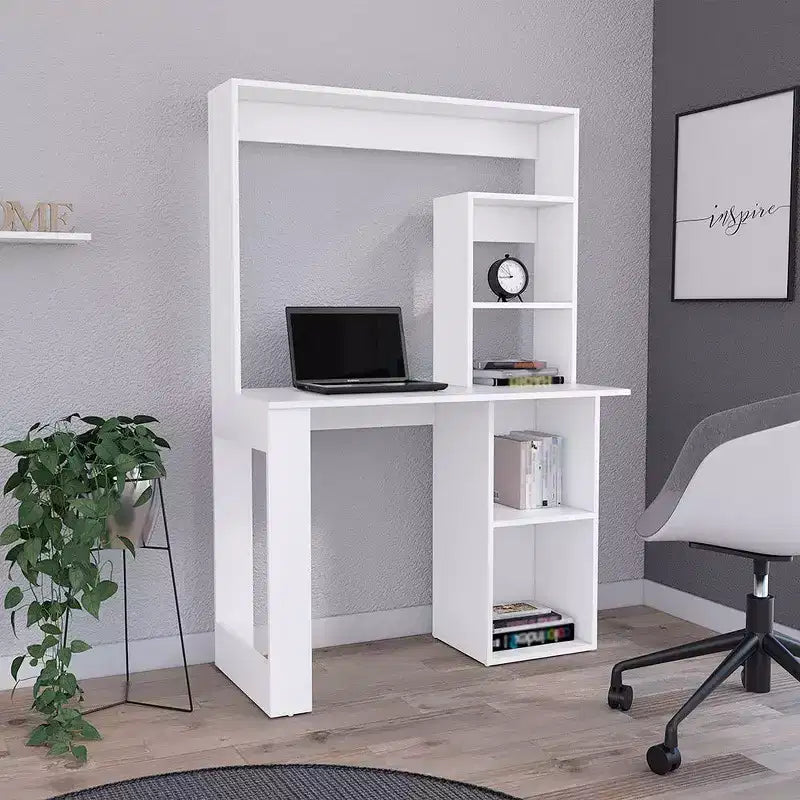 TUYOHW 38.8 Bureau d'ordinateur, bureau avec huche et 5 étagères de rangement, grand plateau de travail, poste de travail moderne pour ordinateur portable, bureau, chambre à coucher, étude