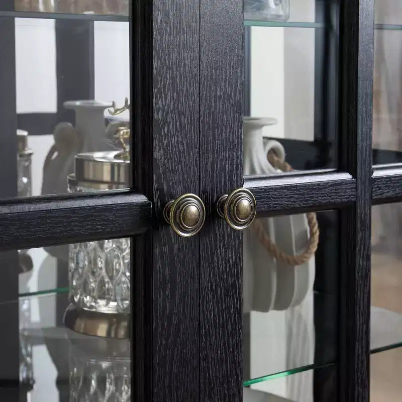 VIYET 69 Bibliothèque/Vitrine Antique - MDF Noir+Verre, 4 Portes, Étagères Réglables, Ampoule E26