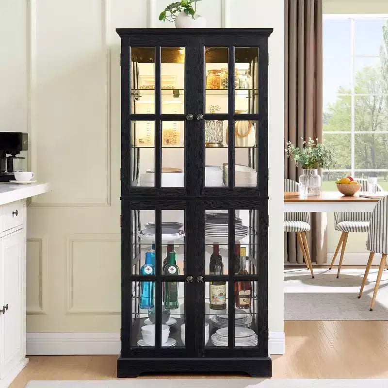 VIYET 69 Bibliothèque/Vitrine Antique - MDF Noir+Verre, 4 Portes, Étagères Réglables, Ampoule E26