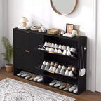 Meuble à chaussures fin et cannelé avec 2 tiroirs basculants et étagère inférieure, organiseur de rangement caché pour entrée, couloir et placard - Étagère à chaussures autoportante