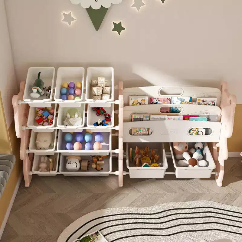 Organisateur de rangement de jouets pour enfants VIYET 34, unité en polyéthylène rose avec étagère à livres à 2 niveaux et 12 bacs de rangement (organisateur pour salle de jeux/chambre/salle de classe)