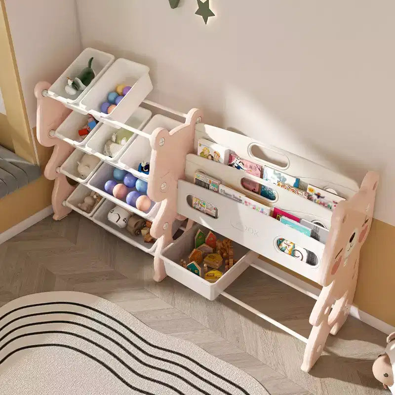Organisateur de rangement de jouets pour enfants VIYET 34, unité en polyéthylène rose avec étagère à livres à 2 niveaux et 12 bacs de rangement (organisateur pour salle de jeux/chambre/salle de classe)