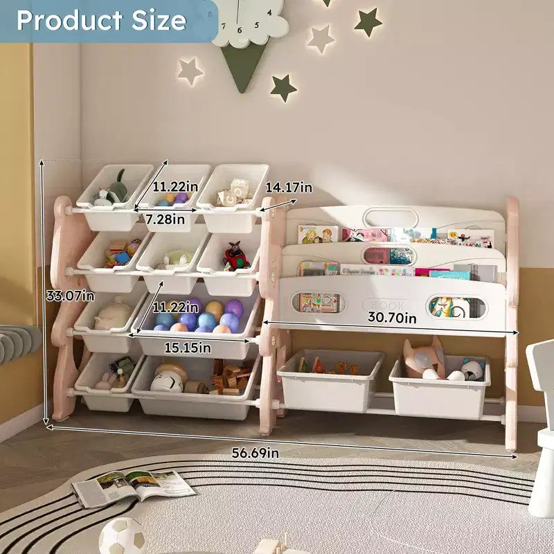 Organisateur de rangement de jouets pour enfants VIYET 34, unité en polyéthylène rose avec étagère à livres à 2 niveaux et 12 bacs de rangement (organisateur pour salle de jeux/chambre/salle de classe)