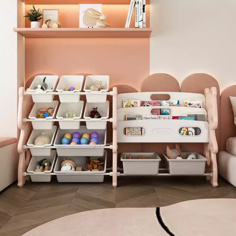 Organisateur de rangement de jouets pour enfants VIYET 34, unité en polyéthylène rose avec étagère à livres à 2 niveaux et 12 bacs de rangement (organisateur pour salle de jeux/chambre/salle de classe)
