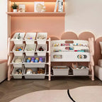 Organisateur de rangement de jouets pour enfants VIYET 34, unité en polyéthylène rose avec étagère à livres à 2 niveaux et 12 bacs de rangement (organisateur pour salle de jeux/chambre/salle de classe)