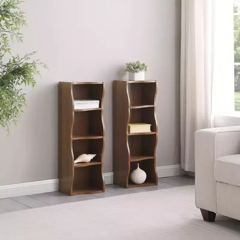 VIYET 718-Étagère ultra-mince réglable, Présentoir en MDF Noyer avec bordure ondulée (Organisateur de bureau amovible)