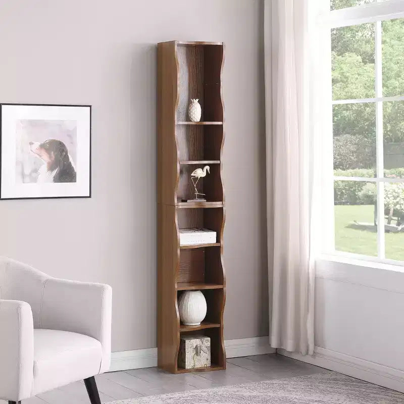 VIYET 718-Étagère ultra-mince réglable, Présentoir en MDF Noyer avec bordure ondulée (Organisateur de bureau amovible)