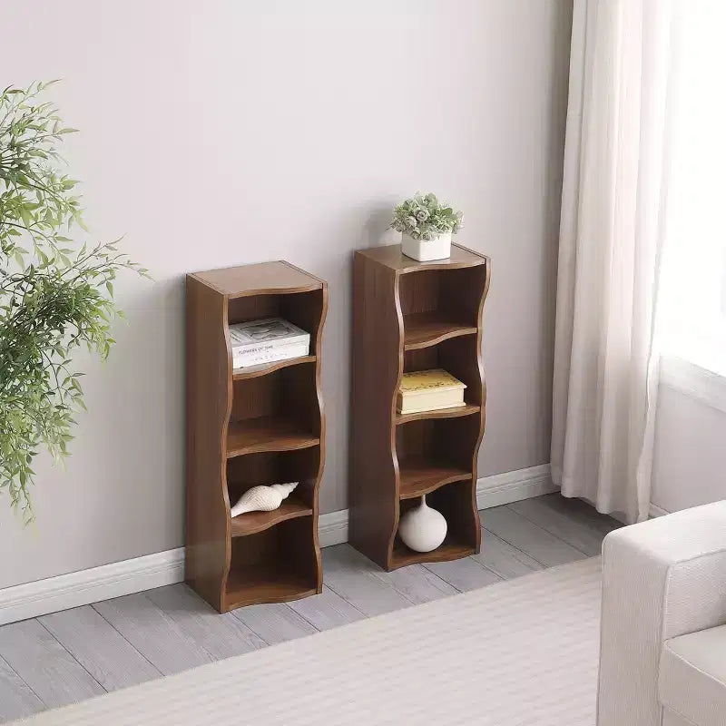 VIYET 718-Étagère ultra-mince réglable, Présentoir en MDF Noyer avec bordure ondulée (Organisateur de bureau amovible)